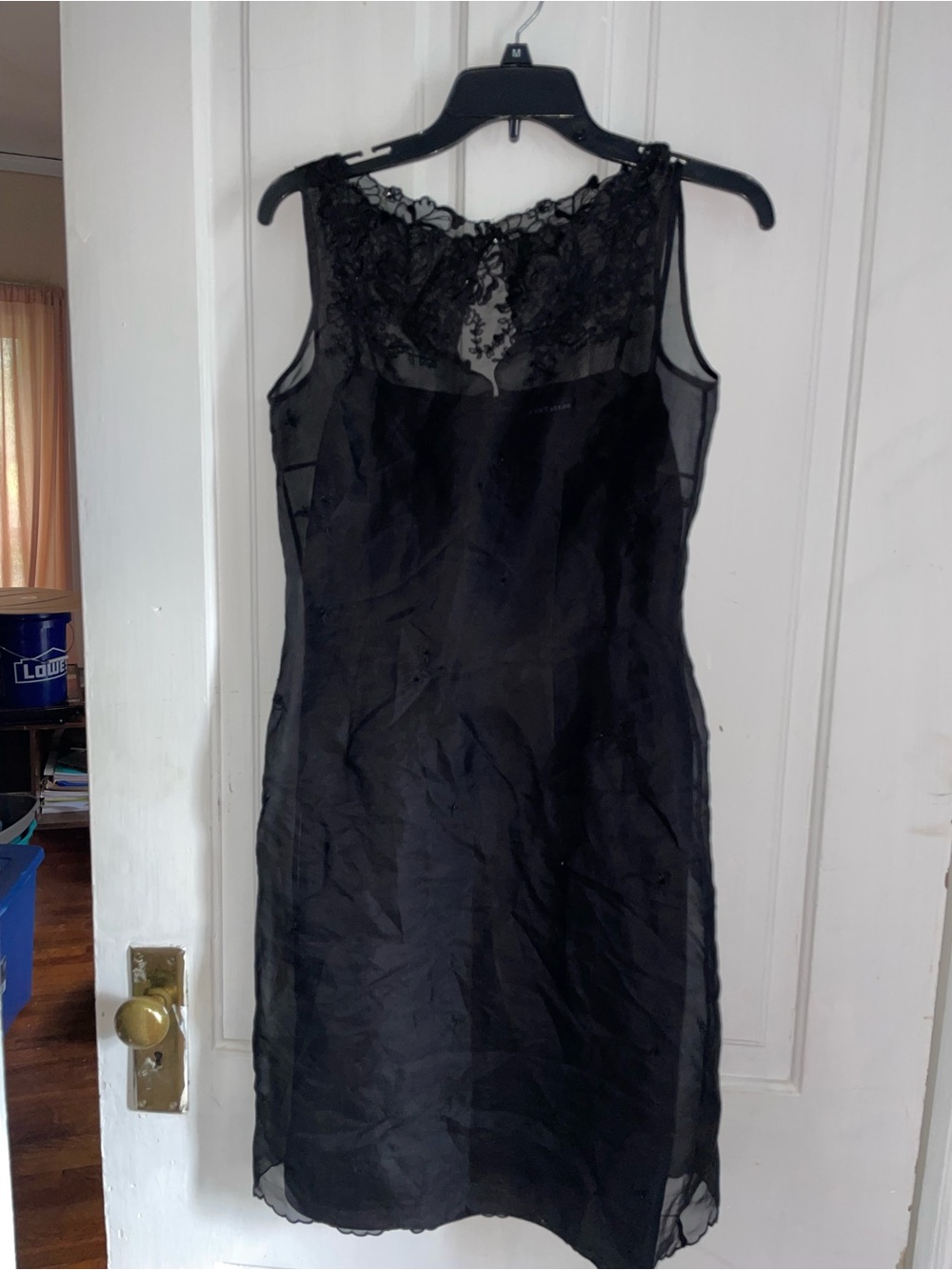 Ann Taylor Black Lace-Trim Mini Dress- black silk slip under shear overlay